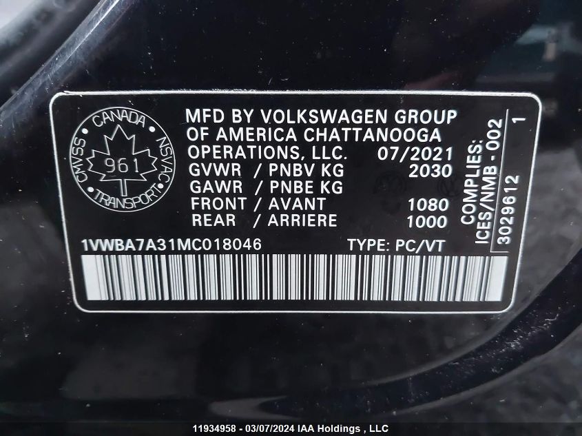 2021 Volkswagen Passat VIN: 1VWBA7A31MC018046 Lot: 11934958