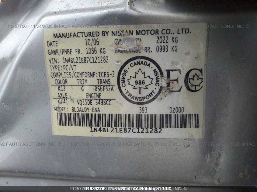 2007 Nissan Altima 3.5 Sl VIN: 1N4BL21E87C121282 Lot: 11935376