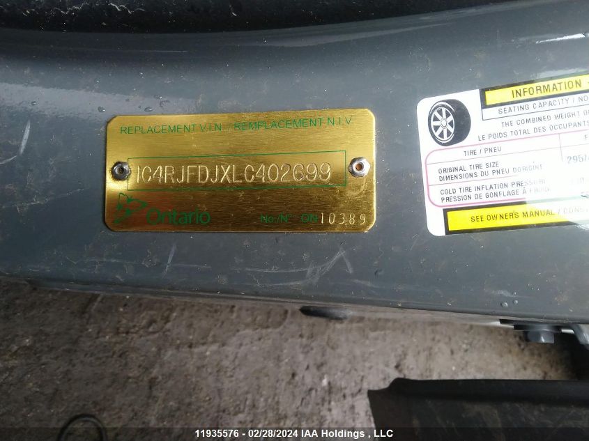 2020 Jeep Grand Cherokee VIN: 1C4RJFDJXLC402699 Lot: 11935576