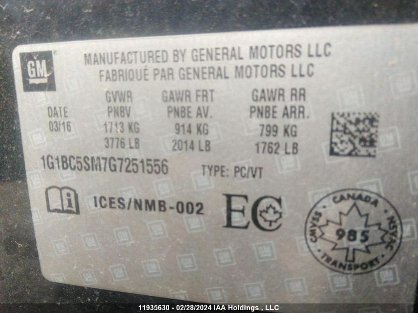 2016 Chevrolet Cruze VIN: 1G1BC5SM7G7251556 Lot: 11935630