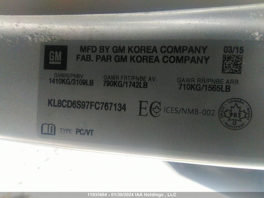 2015 Chevrolet Spark VIN: KL8CD6S97FC767134 Lot: 11935664