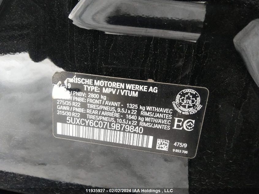 2020 BMW X6 VIN: 5UXCY6C07L9B79840 Lot: 11935927