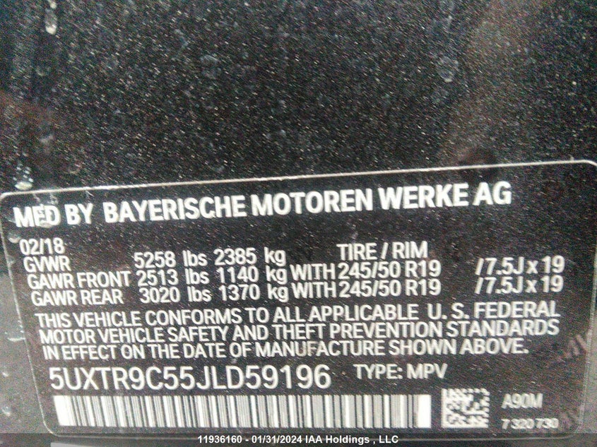 2018 BMW X3 xDrivem40I VIN: 5UXTR9C55JLD59196 Lot: 11936160