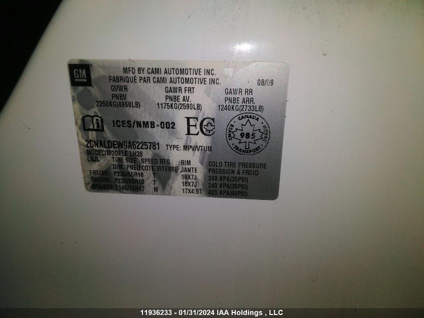 2010 Chevrolet Equinox VIN: 2CNALDEW9A6225781 Lot: 11936233