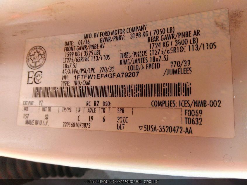 2016 Ford F150 Supercrew VIN: 1FTFW1EF4GFA79207 Lot: 11936234