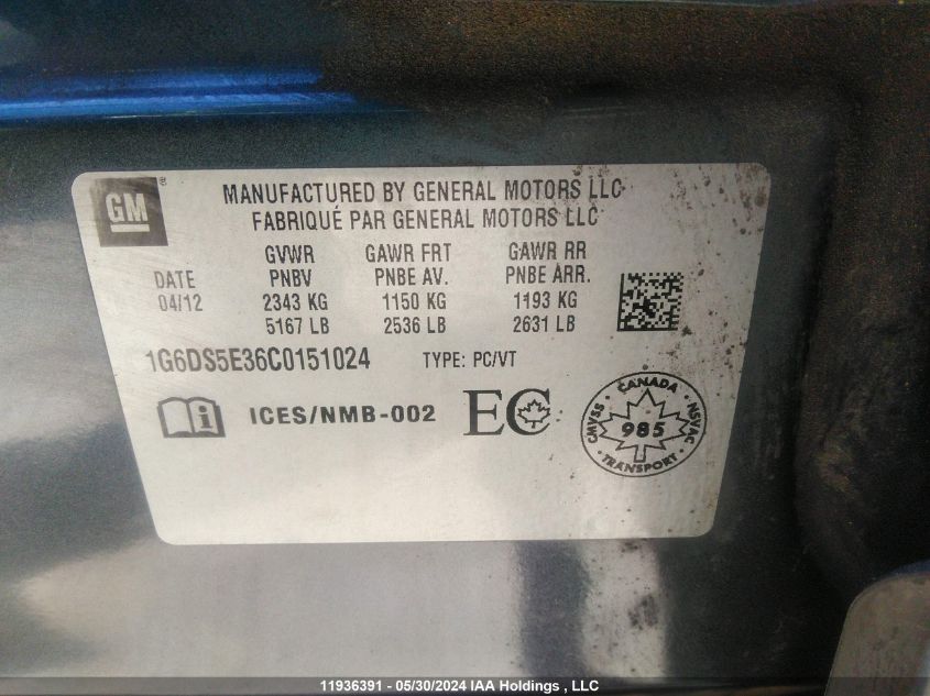 2012 Cadillac Cts VIN: 1G6DS5E36C0151024 Lot: 11936391