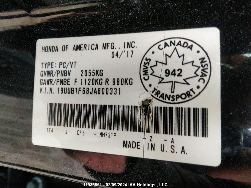 2018 Acura Tlx VIN: 19UUB1F68JA800331 Lot: 11936851