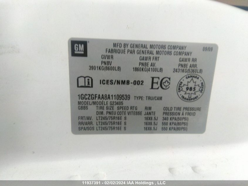 2010 Chevrolet Express VIN: 1GCZGFAA8A1109539 Lot: 11937391