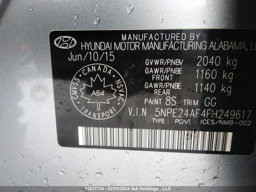 5NPE24AF4FH249617 2015 Hyundai Sonata