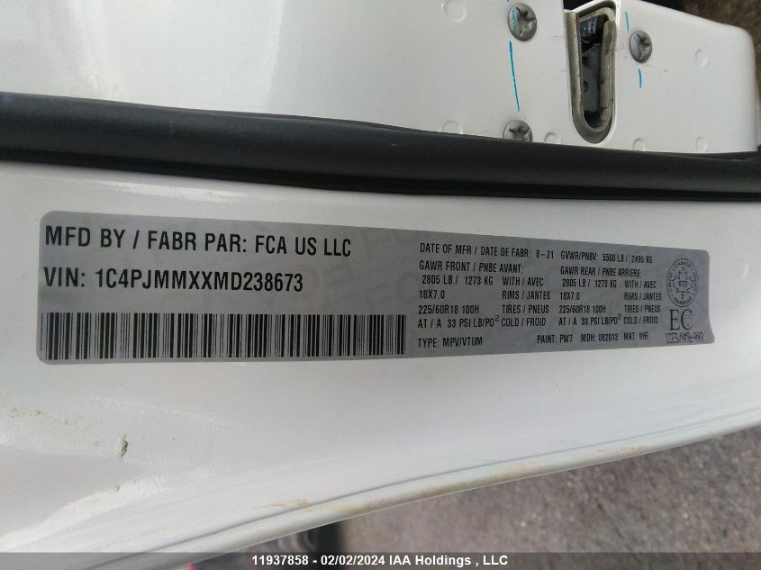 2021 Jeep Cherokee VIN: 1C4PJMMXXMD238673 Lot: 11937858