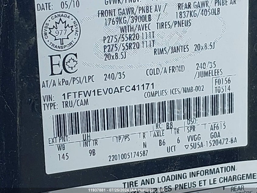 2010 Ford F-150 VIN: 1FTFW1EV0AFC41171 Lot: 11937881