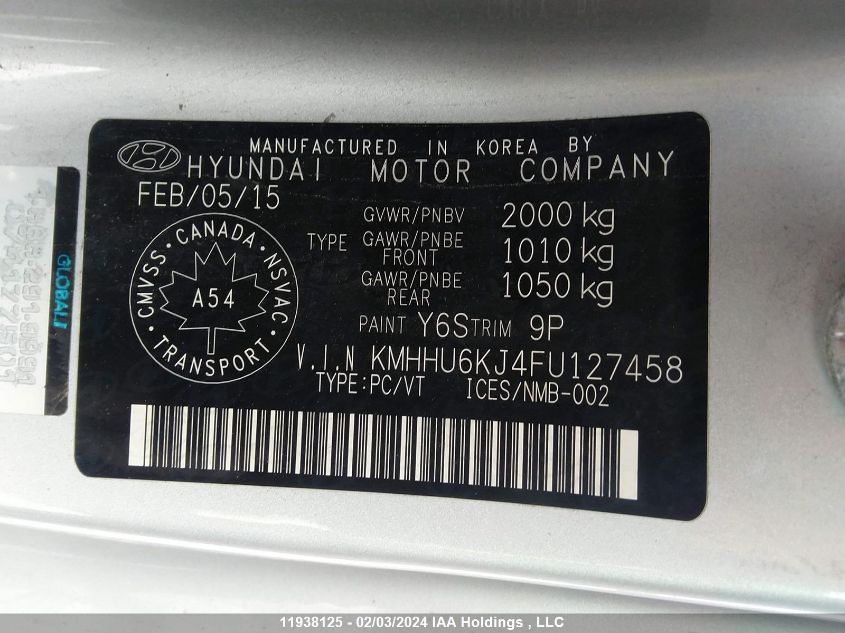 KMHHU6KJ4FU127458 2015 Hyundai Genesis