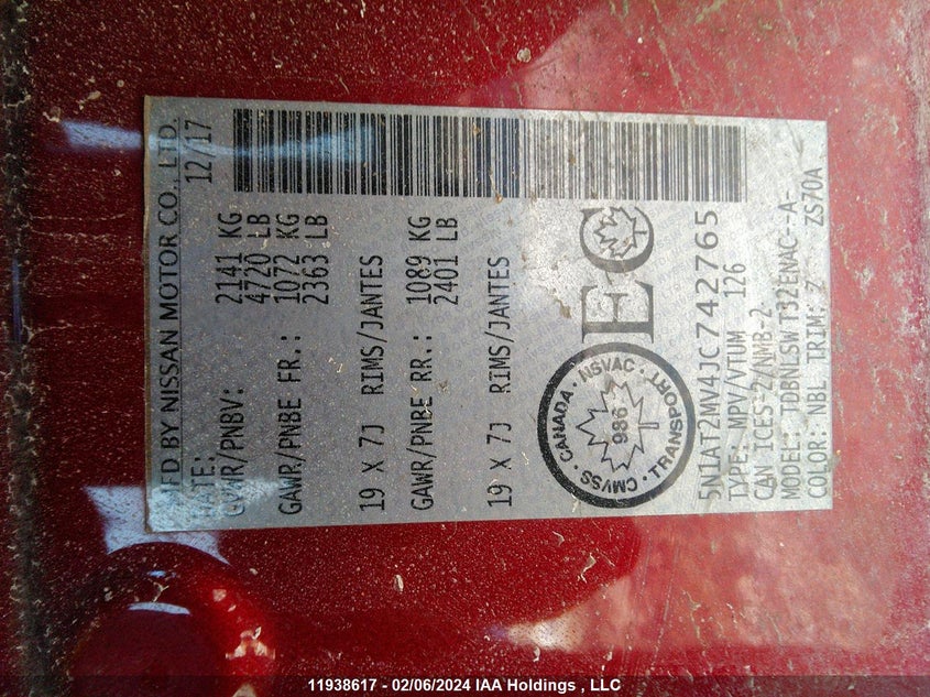 2018 Nissan Rogue VIN: 5N1AT2MV4JC742765 Lot: 11938617