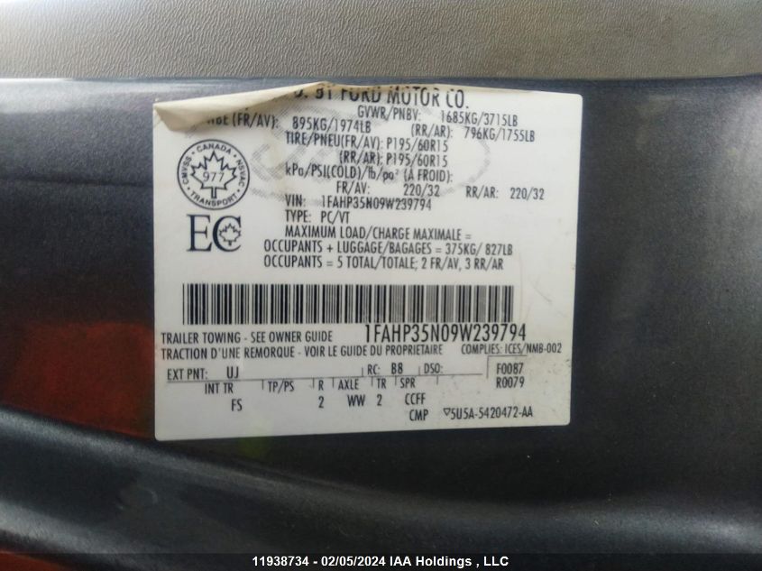 1FAHP35N09W239794 2009 Ford Focus Se