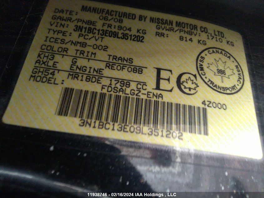 2009 Nissan Versa S/Sl VIN: 3N1BC13E09L351202 Lot: 11938746