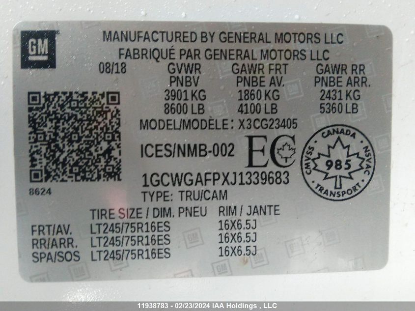 2018 Chevrolet Express VIN: 1GCWGAFPXJ1339683 Lot: 11938783