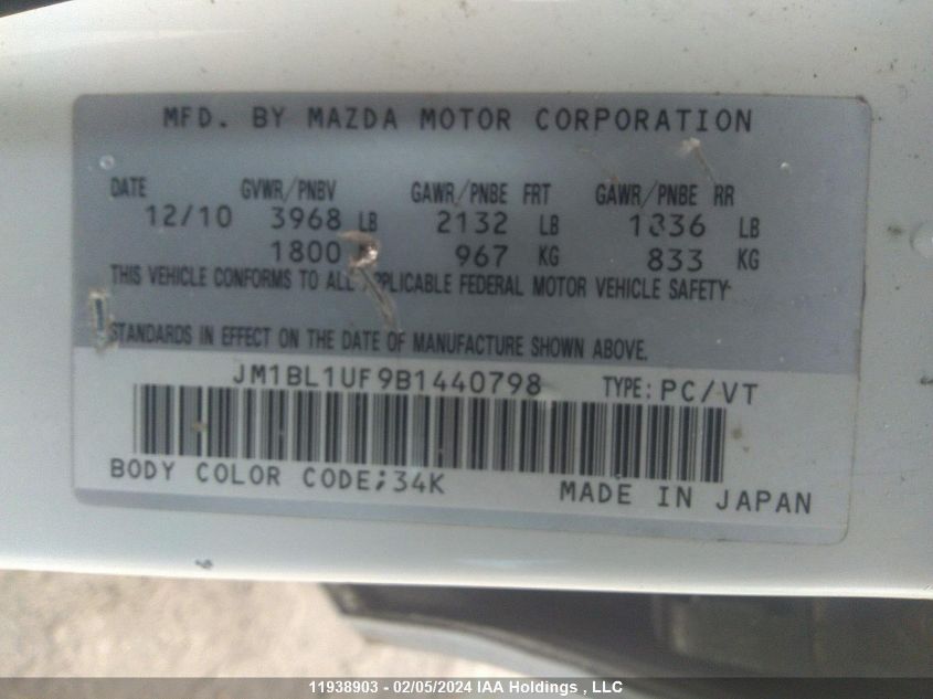 2011 Mazda Mazda3 VIN: JM1BL1UF9B1440798 Lot: 11938903