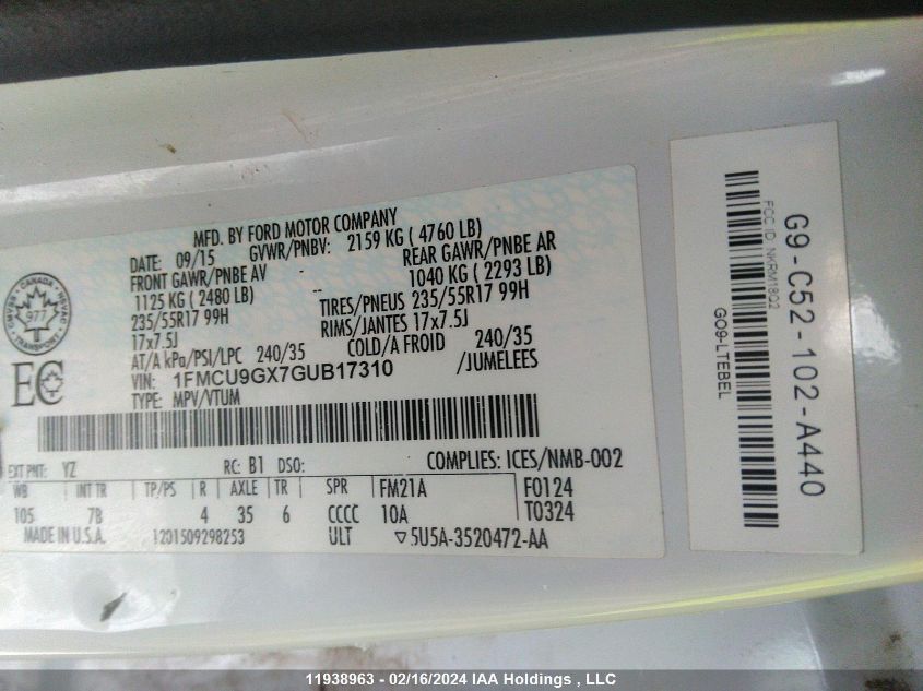 2016 Ford Escape Se VIN: 1FMCU9GX7GUB17310 Lot: 11938963