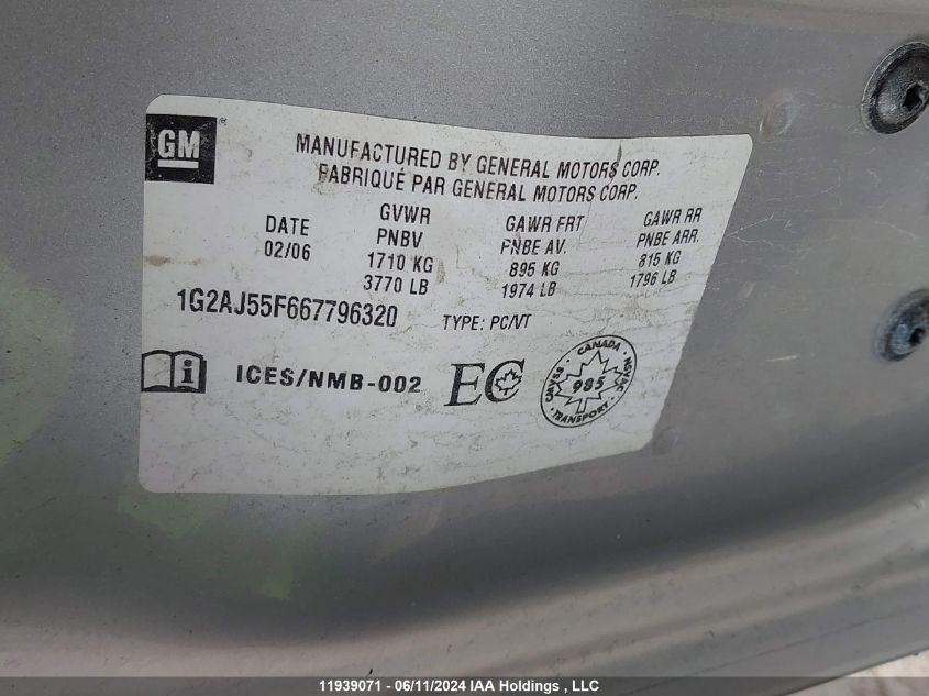 2006 Pontiac G5 Pursuit VIN: 1G2AJ55F667796320 Lot: 11939071