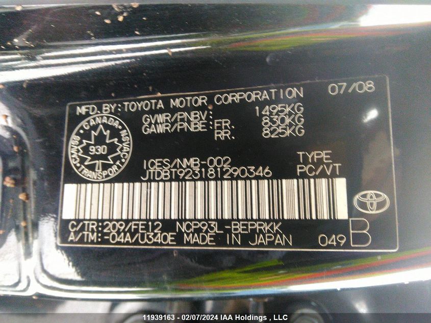 2008 Toyota Yaris VIN: JTDBT923181290346 Lot: 11939163