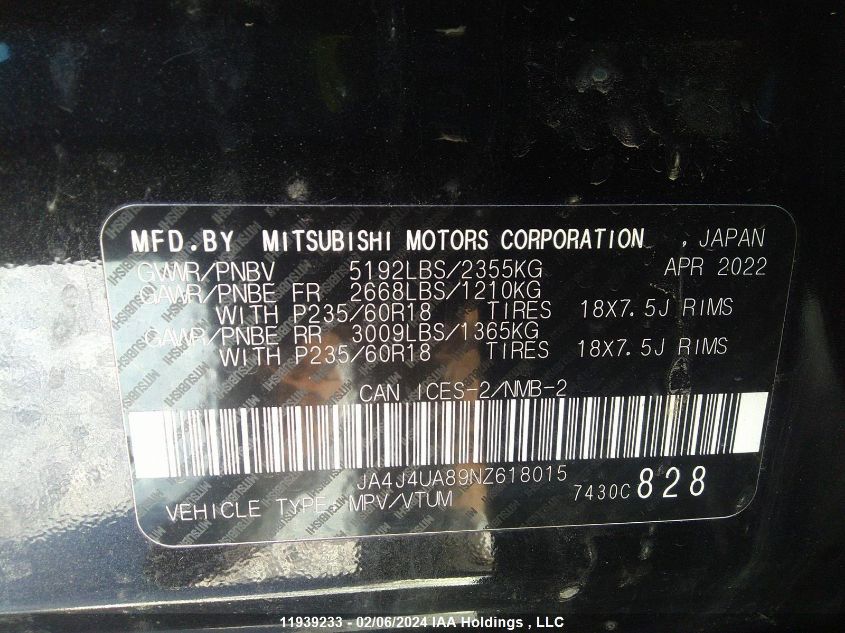 2022 Mitsubishi Outlander VIN: JA4J4UA89NZ618015 Lot: 11939233