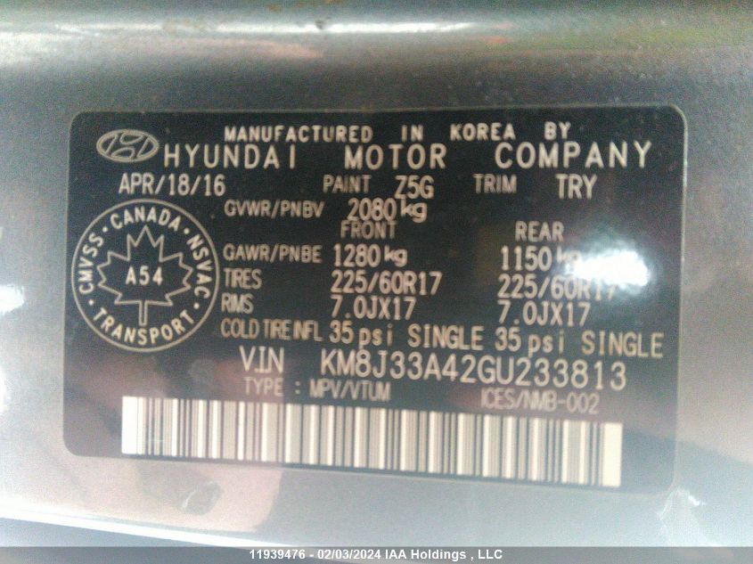 2016 Hyundai Tucson VIN: KM8J33A42GU233813 Lot: 11939476