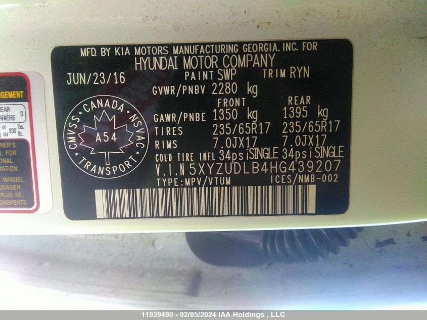2017 Hyundai Santa Fe Sport VIN: 5XYZUDLB4HG439207 Lot: 39259028