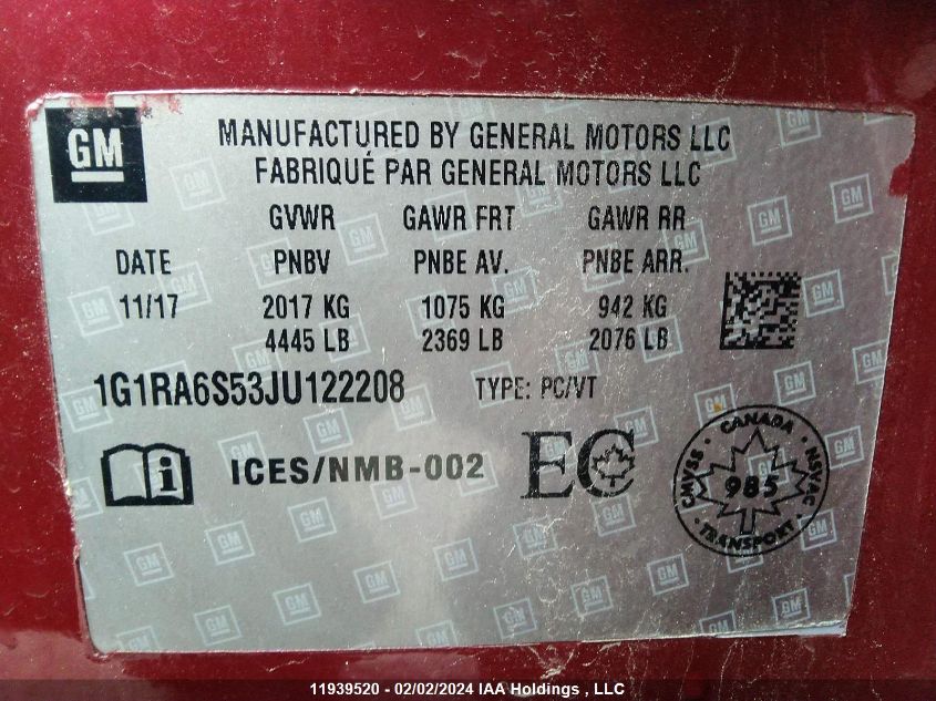 2018 Chevrolet Volt VIN: 1G1RA6S53JU122208 Lot: 11939520