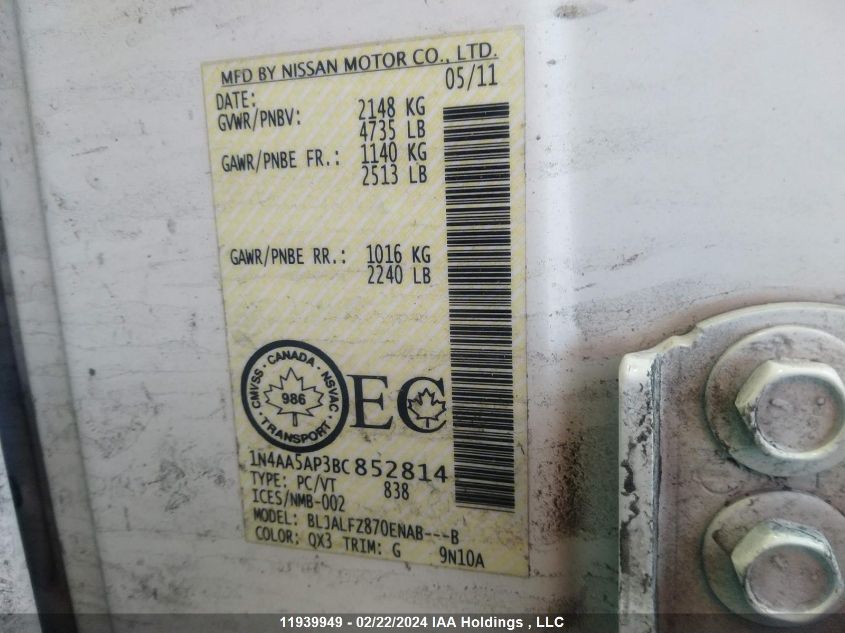 2011 Nissan Maxima S/Sv VIN: 1N4AA5AP3BC852814 Lot: 11939949