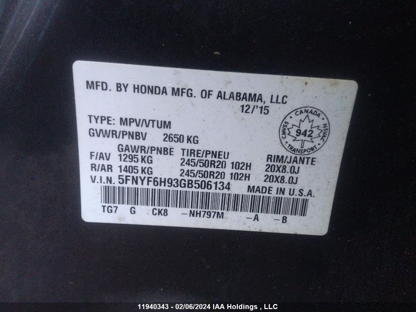2016 Honda Pilot VIN: 5FNYF6H93GB506134 Lot: 11940343