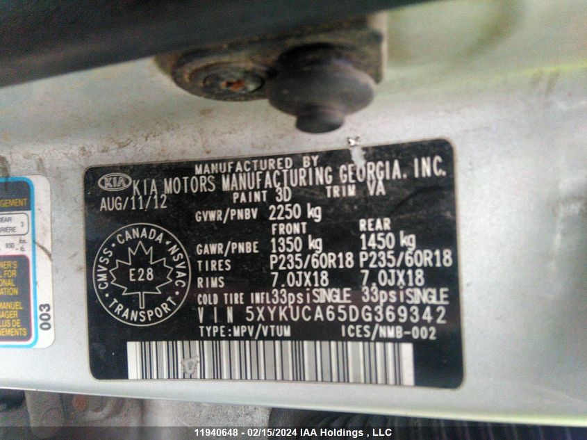 2013 Kia Sorento VIN: 5XYKUCA65DG369342 Lot: 39240796