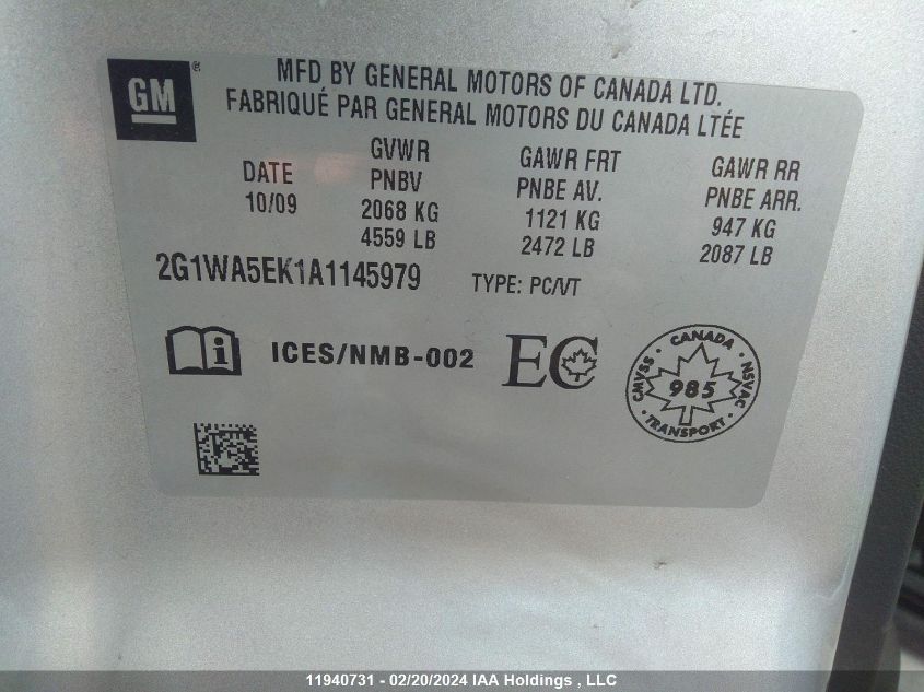 2010 Chevrolet Impala Ls VIN: 2G1WA5EK1A1145979 Lot: 11940731