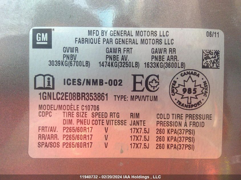 2011 Chevrolet Tahoe Police VIN: 1GNLC2E08BR353861 Lot: 11940732