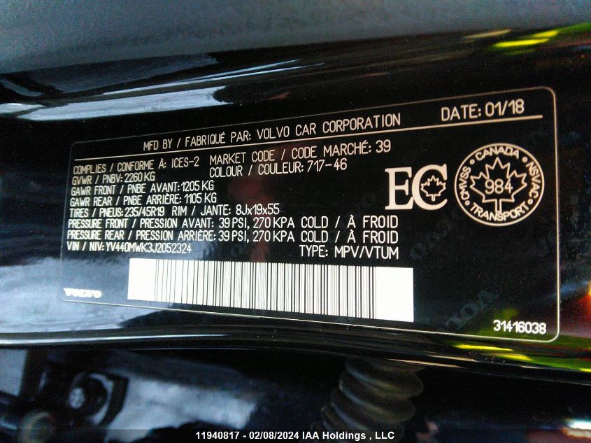 2018 Volvo V60 Cross Country VIN: YV440MWK3J2052324 Lot: 11940817