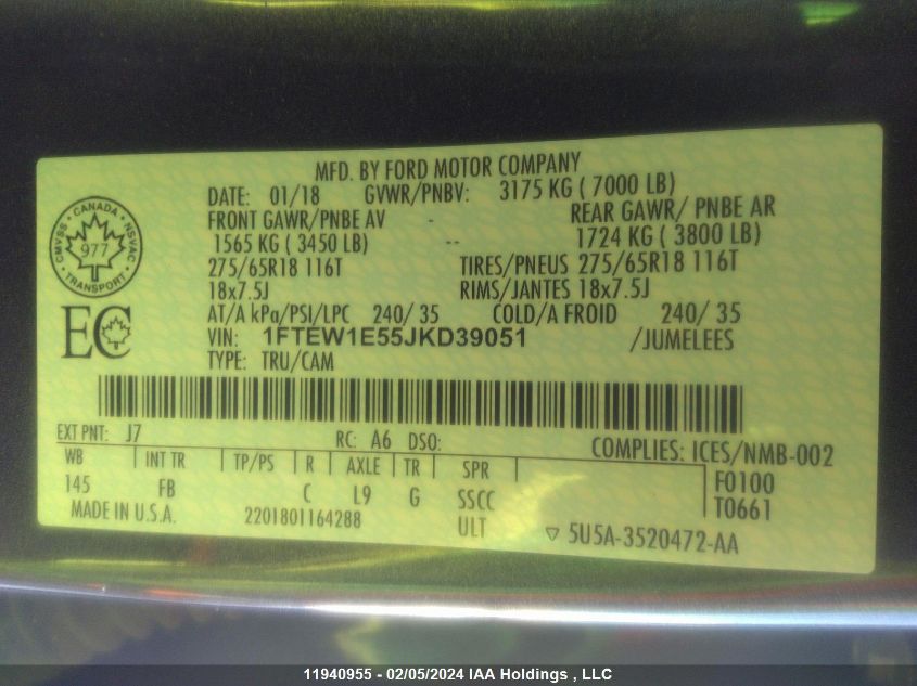 2018 Ford F150 Supercrew VIN: 1FTEW1E55JKD39051 Lot: 11940955