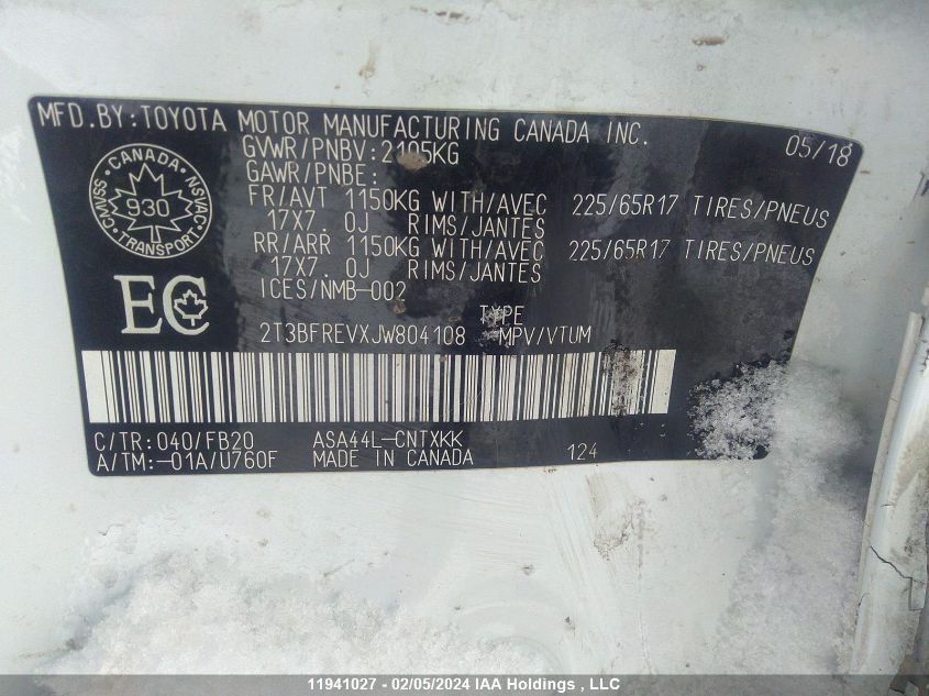 2018 Toyota Rav4 Le VIN: 2T3BFREVXJW804108 Lot: 11941027