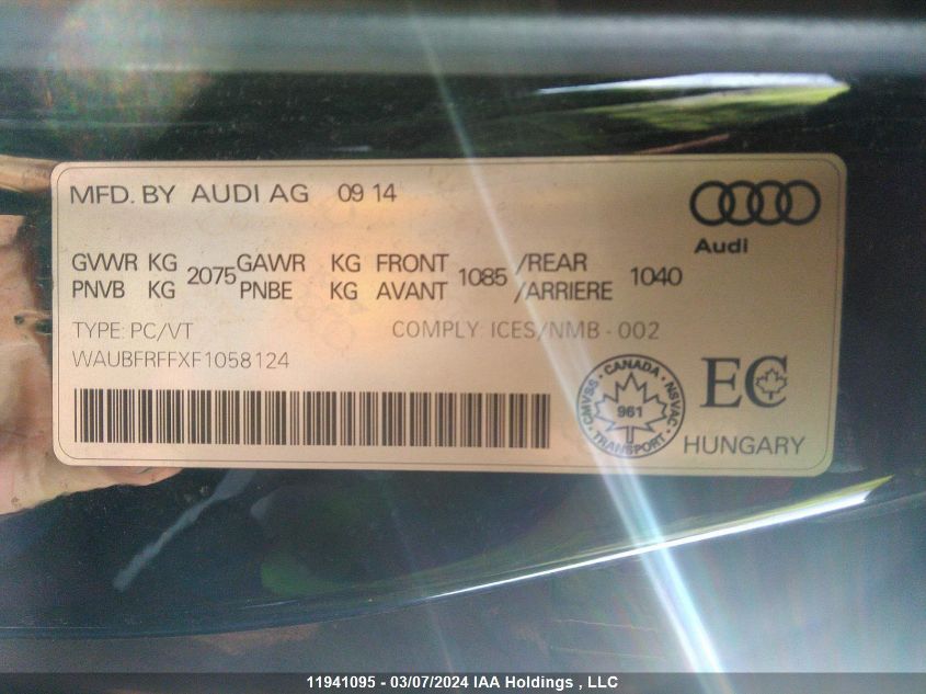 2015 Audi S3 VIN: WAUBFRFFXF1058124 Lot: 11941095