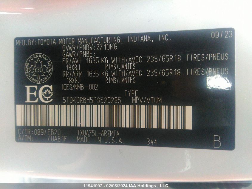 2023 Toyota Highlander L/Le/Xle/Limited/Platinum/Xse VIN: 5TDKDRBH5PS520285 Lot: 11941097