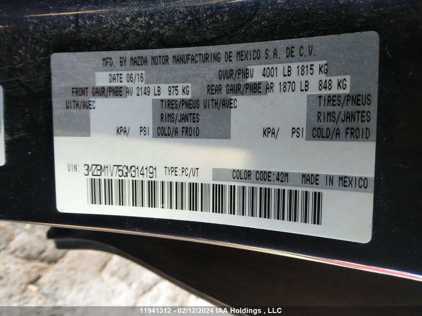 2016 Mazda 3 Touring VIN: 3MZBM1V75GM314191 Lot: 11941312