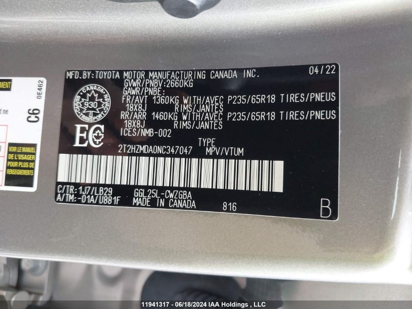 2022 Lexus Rx 350 VIN: 2T2HZMDA0NC347047 Lot: 11941317