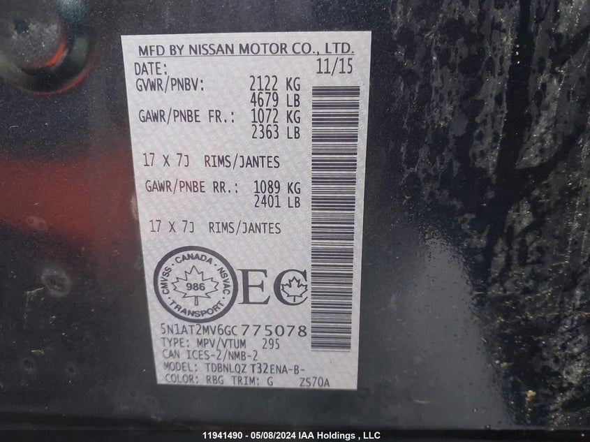 2016 Nissan Rogue S/Sl/Sv VIN: 5N1AT2MV6GC775078 Lot: 11941490