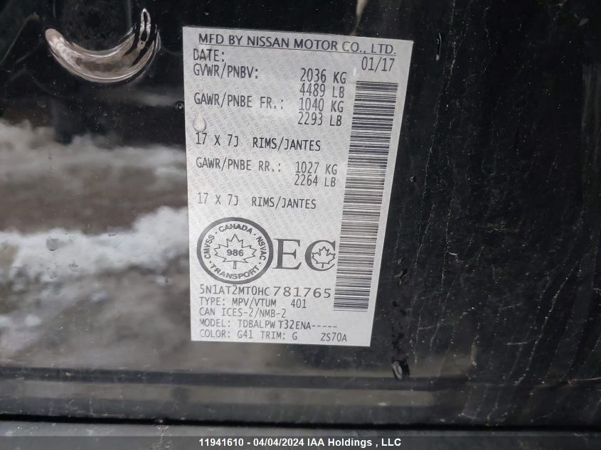 2017 Nissan Rogue VIN: 5N1AT2MT0HC781765 Lot: 11941610