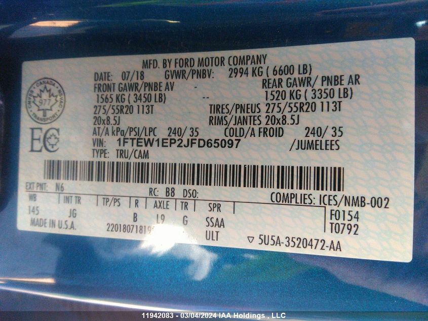 2018 Ford F150 Supercrew VIN: 1FTEW1EP2JFD65097 Lot: 11942083