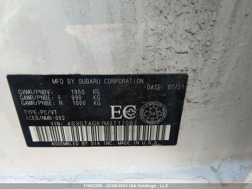 2021 Subaru Impreza VIN: 4S3GTAG67M3717067 Lot: 11942290
