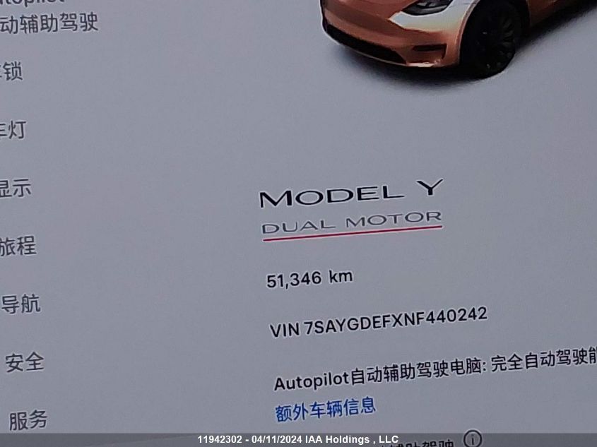 2022 Tesla Model Y VIN: 7SAYGDEFXNF440242 Lot: 11942302