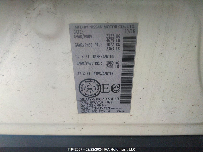 2017 Nissan Rogue VIN: 5N1AT2MV1HC735413 Lot: 11942367