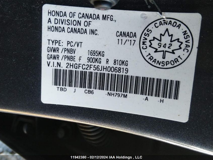 2018 Honda Civic Lx VIN: 2HGFC2F56JH006819 Lot: 11942380