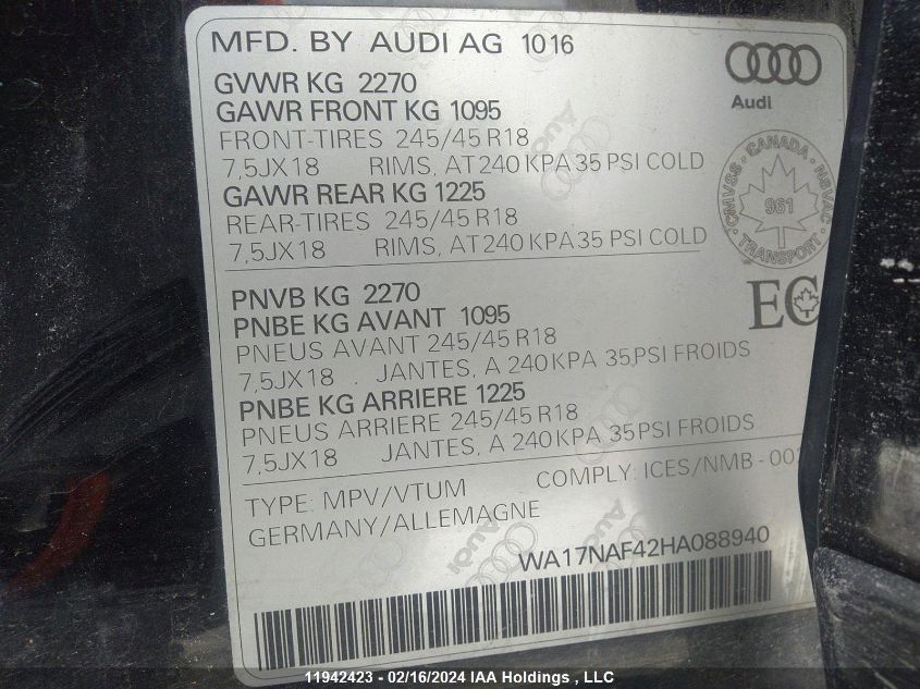 2017 Audi A4 Allroad Premium VIN: WA17NAF42HA088940 Lot: 11942423