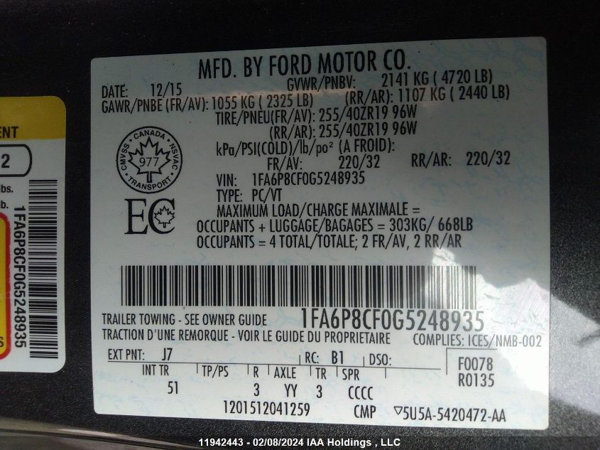 2016 Ford Mustang Gt VIN: 1FA6P8CF0G5248935 Lot: 11942443