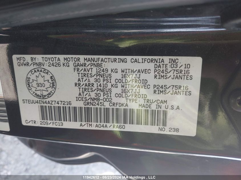 2010 Toyota Tacoma Base V6 VIN: 5TEUU4EN4AZ747216 Lot: 11942612